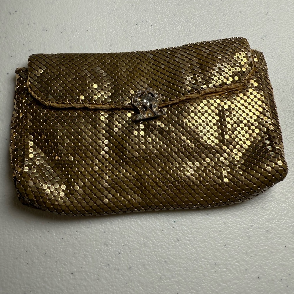 Vintage 1950s Whiting And Davis Gold Tone Mesh Bag Rhinestone Clasp Tarnished